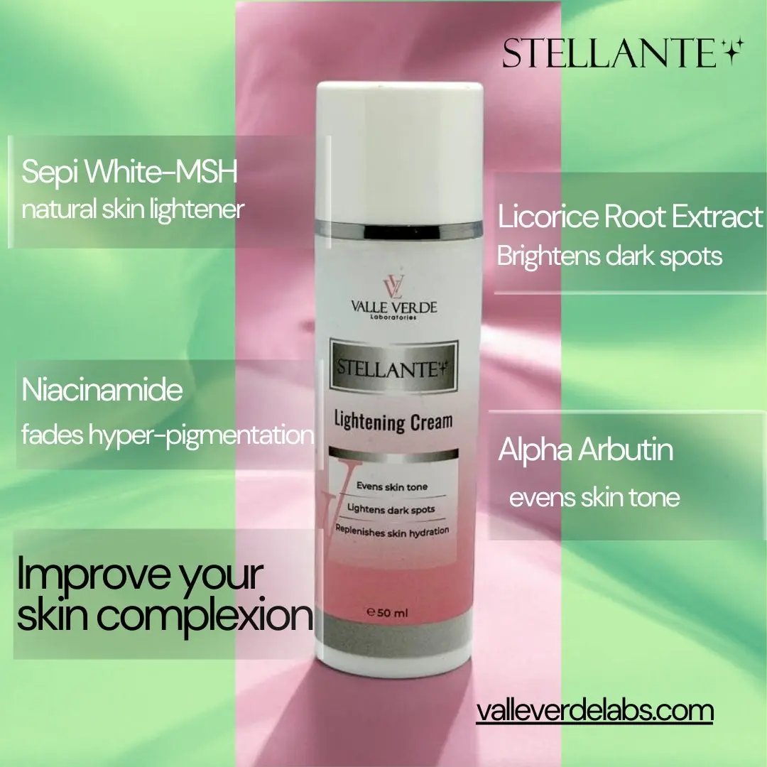 Stellante lightening cream bottle with text highlighting ingredients on a colorful background