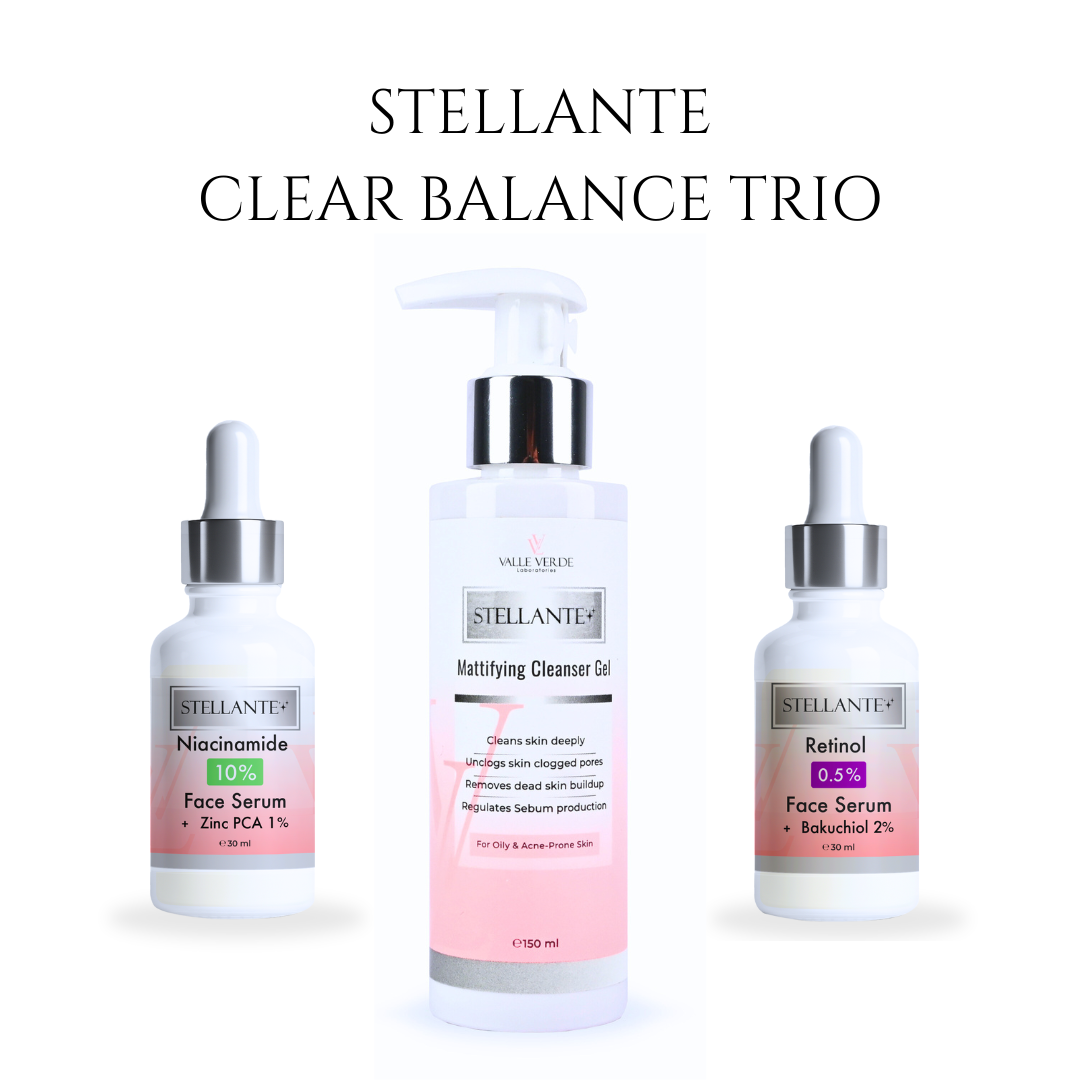 Stellante Clear Balance Trio skincare products on a white background