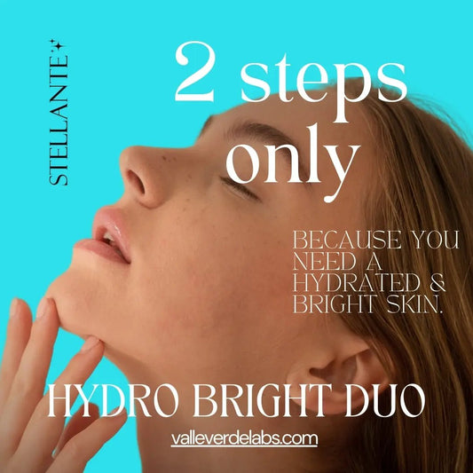 Advertisement for Stellante Hydro Bright Duo with a woman touching her face against a blue background.