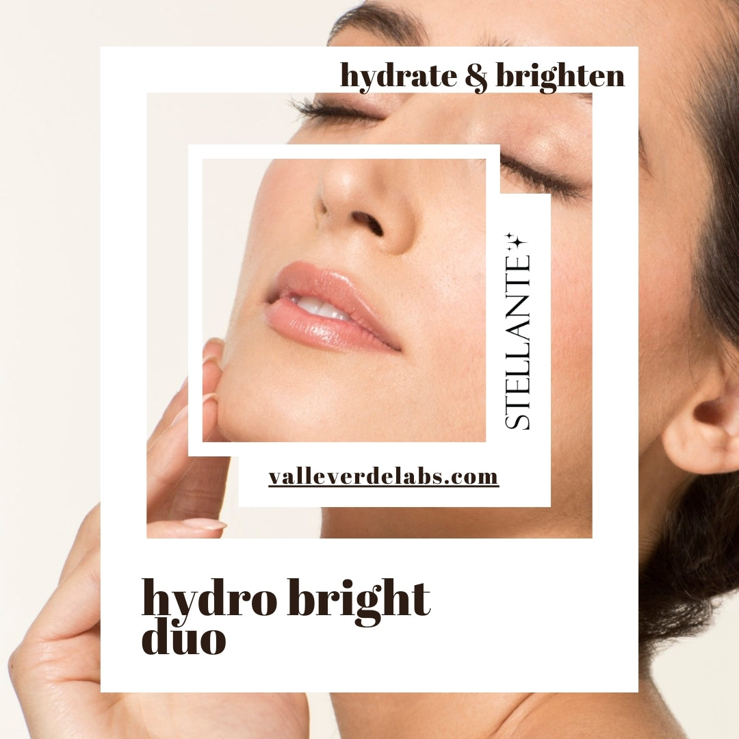 Advertisement for Stellante hydro bright duo skincare product with a close-up of a woman's face.