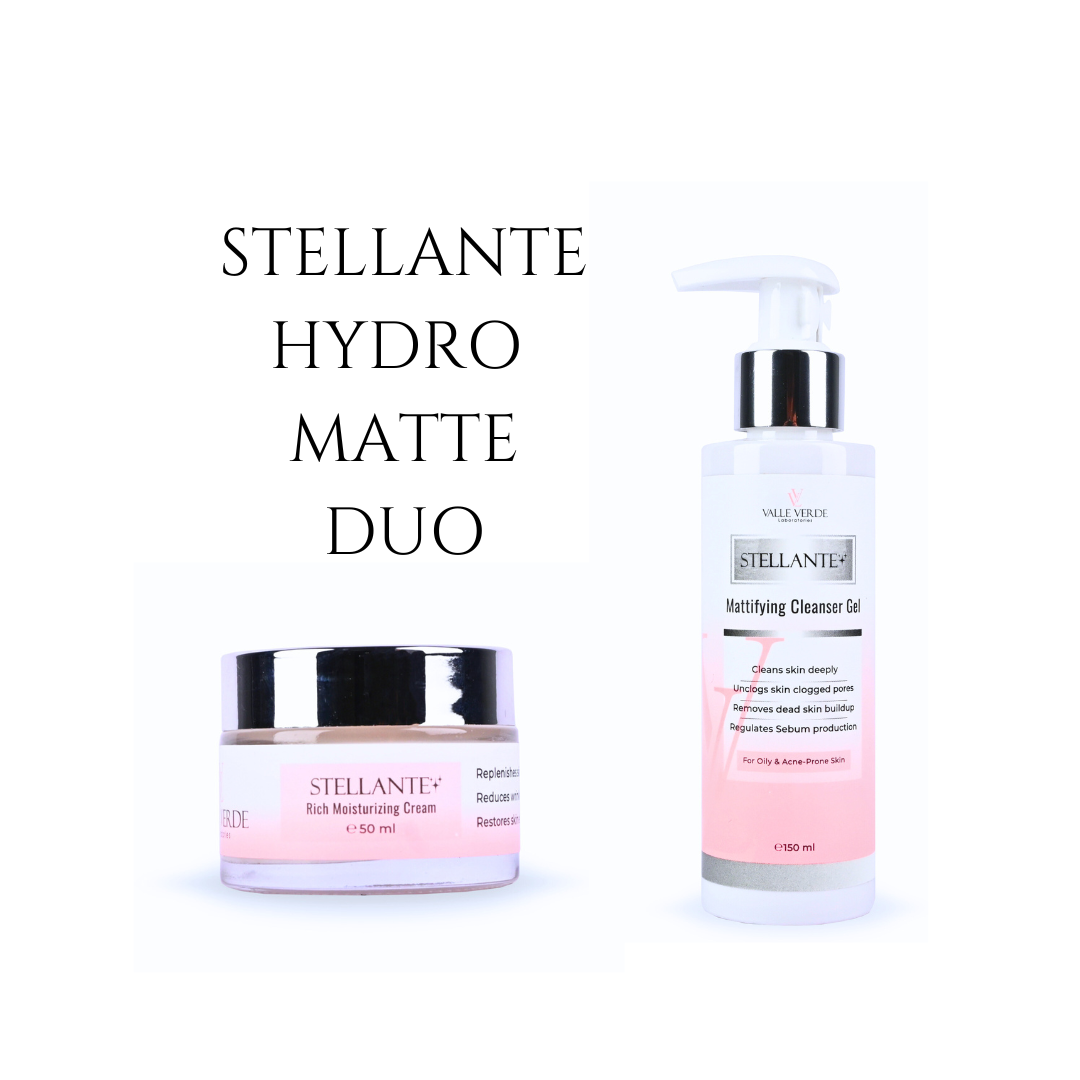 Stellante Hydro Matte Duo with a jar and pump bottle on a white background