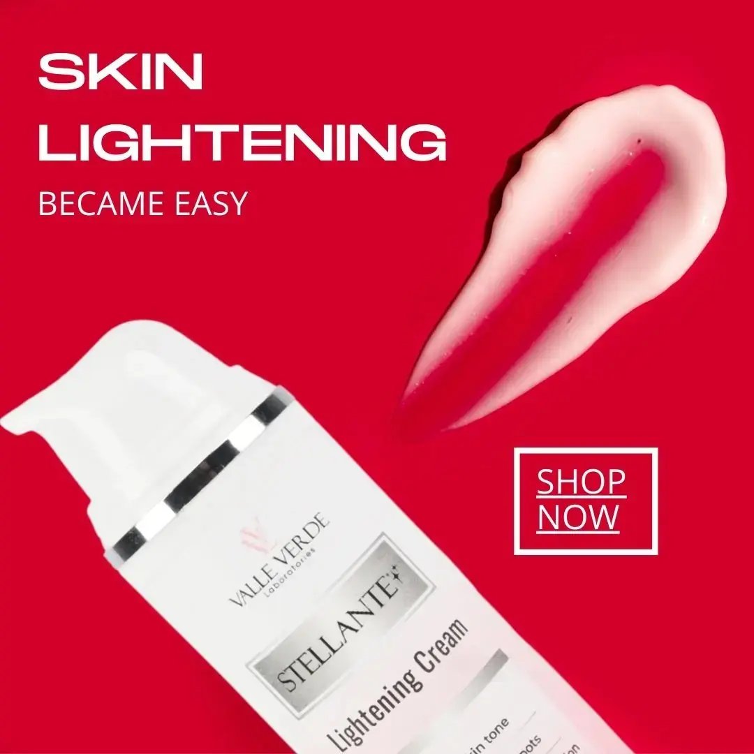 Stellante lightening cream with a red background and 'Shop Now' button.