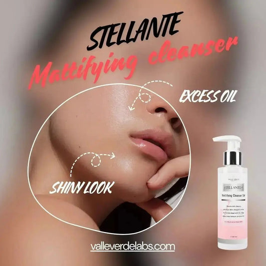 Stellante Mattifying Cleanser advertisement with a close-up of skin and product bottle.