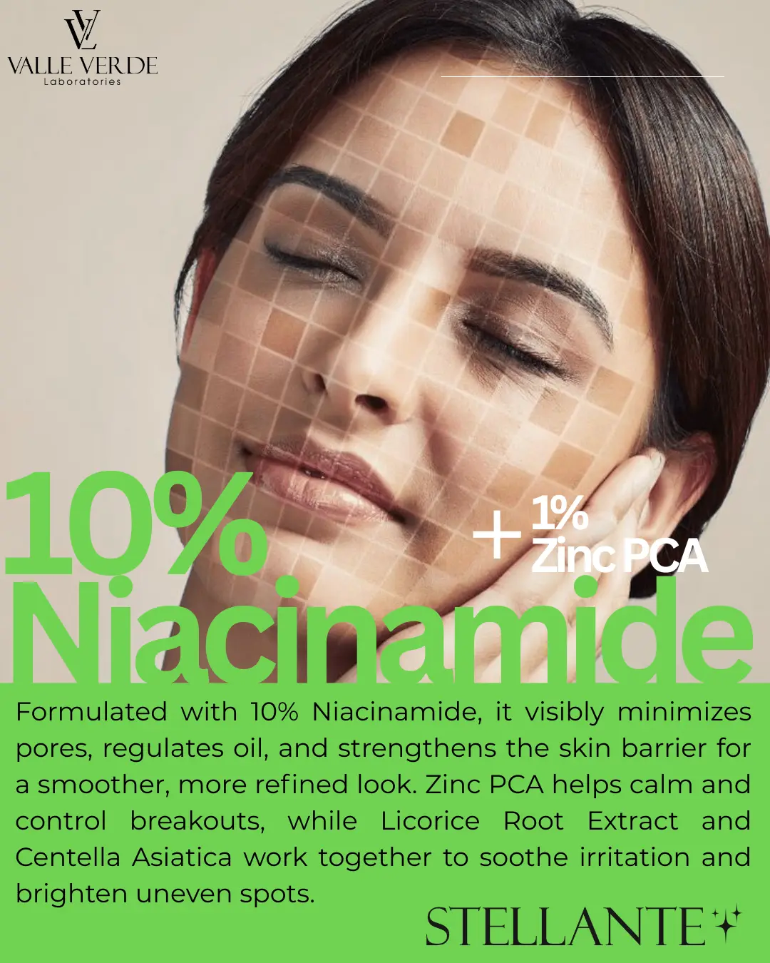 Advertisement for Stellante skincare product with a woman's face and product details.