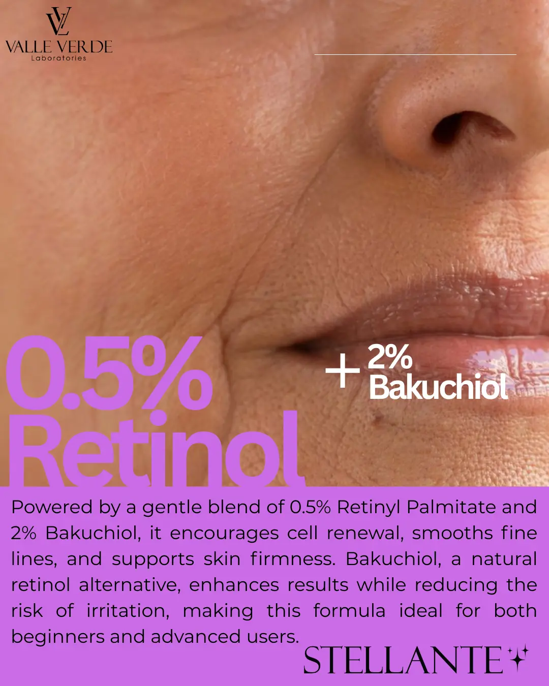 Advertisement for Stellante skincare product with close-up of skin and text about Retinol and Bakuchiol.