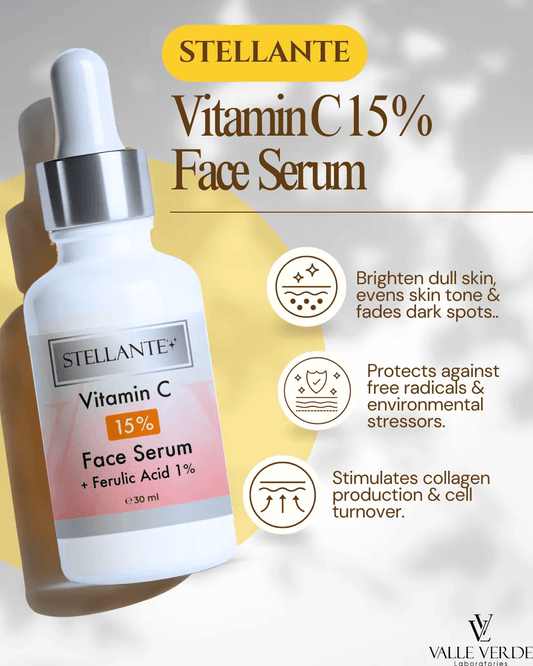 Stellante Vitamin C 15% Face Serum bottle with product details on a gradient background