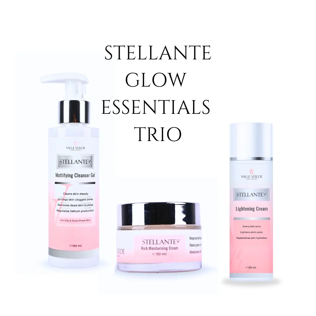 Stellante Glow Essentials Trio with three skincare products on a white background
