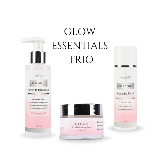 Three skin care products labeled Glow Essentials Trio, including a mattifying cleanser, a moisturizing cream, and a lightening cream.