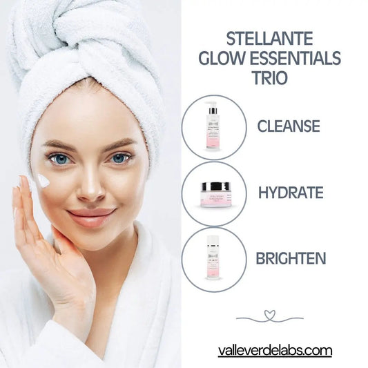 Woman applying cream to face with Stellante Glow Essentials Trio products on a white background