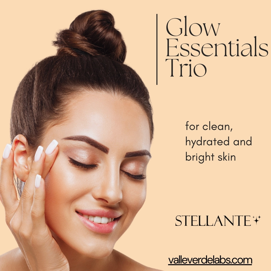 Advertisement for Stellante Glow Essentials Trio with a woman touching her face on a beige background.