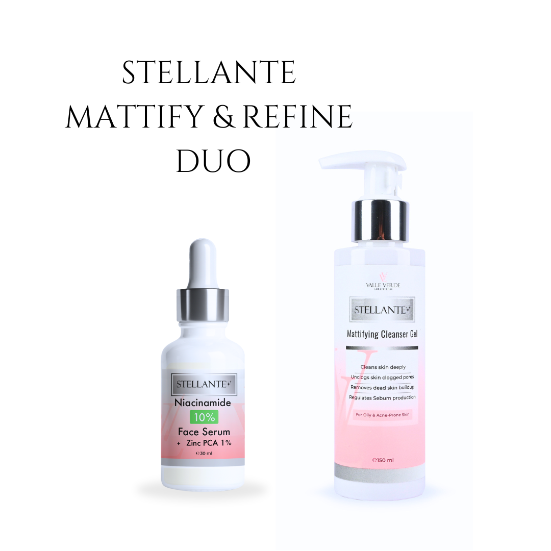 Stellante Mattify & Refine Duo with serum and cleanser on a white background