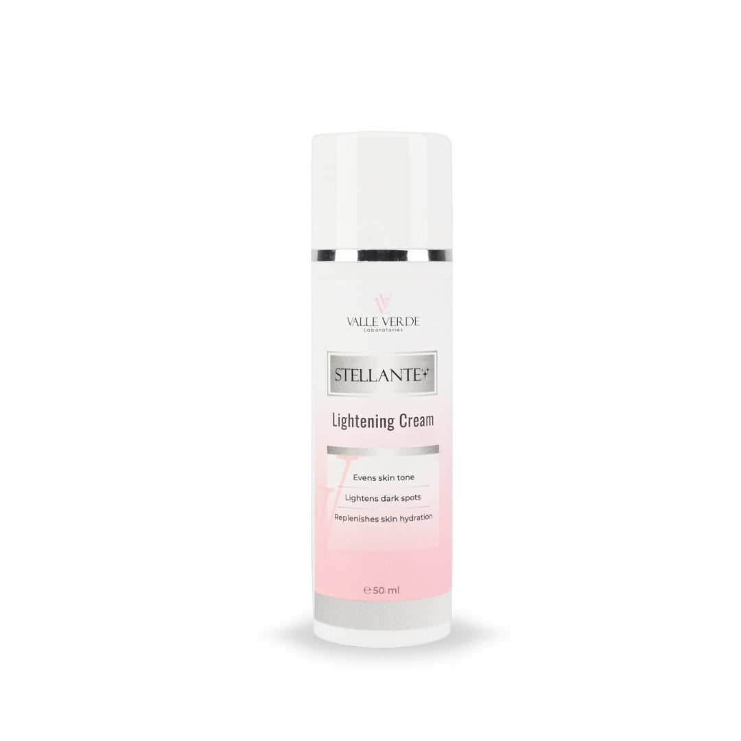 A bottle of Stellante Lightening Cream with a white and pink label, designed for brightening and even out skin tone.