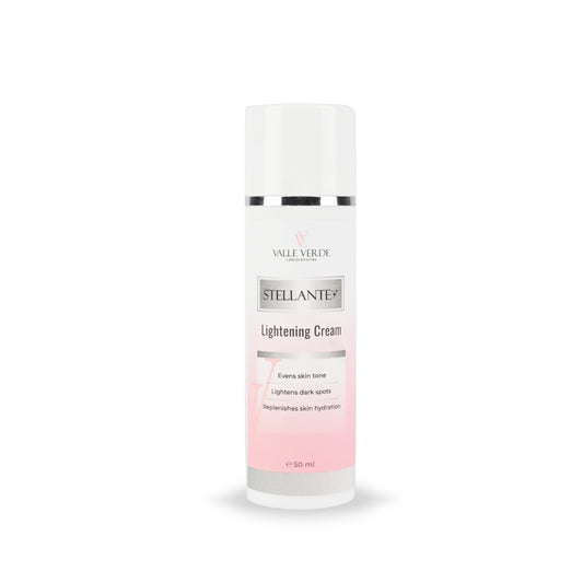 A bottle of Stellante Lightening Cream with a white and pink label, designed for brightening and even out skin tone.