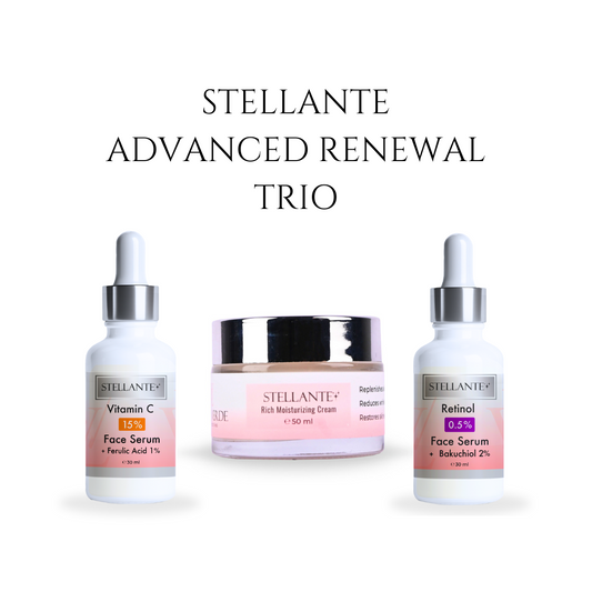 Stellante Advanced Renewal Trio with two face serums and a moisturizing cream on a white background.