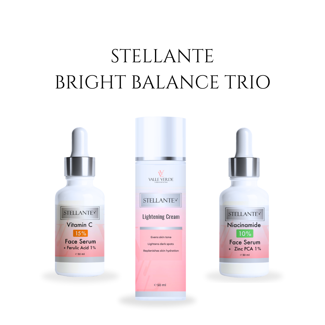 Stellante Bright Balance Trio with face serum and cream on a white background