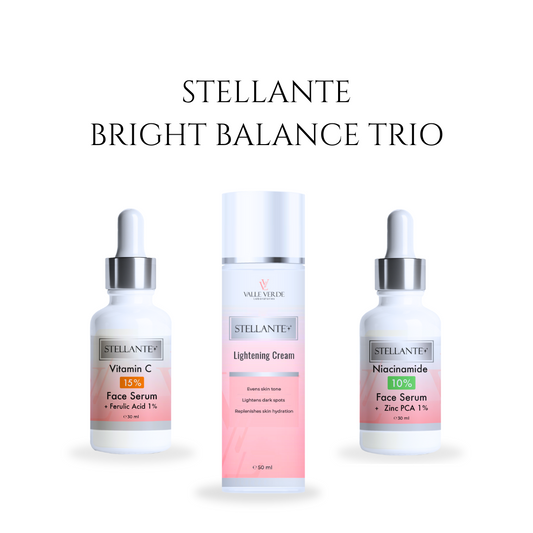 Stellante Bright Balance Trio with face serum and cream on a white background