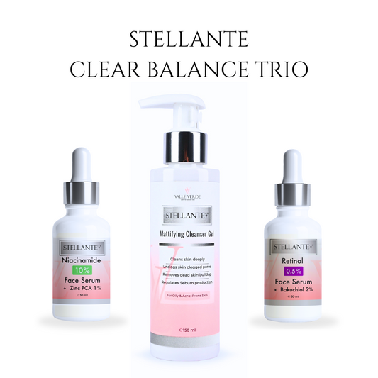 Stellante Clear Balance Trio skincare products on a white background