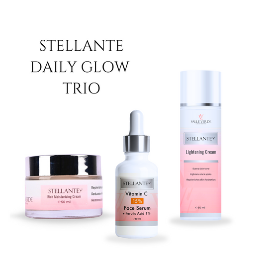 Stellante Daily Glow Trio with cream, serum, and lightening cream on a white background