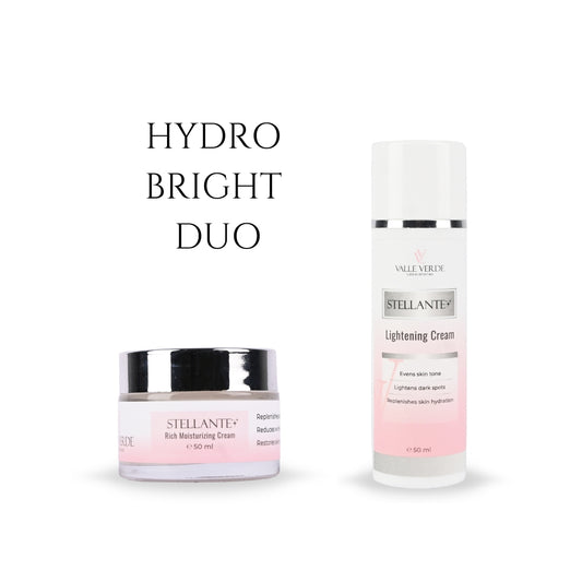 Two skin care products labeled as HYDRO BRIGHT DUO by STELLANTE, consisting of a jar of moisturizing cream and a bottle of lightening cream.