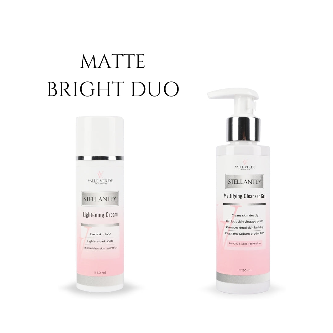 Two skincare products from the 'Matte Bright Duo' on a white background
