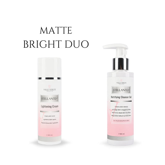 Two skincare products from the 'Matte Bright Duo' on a white background