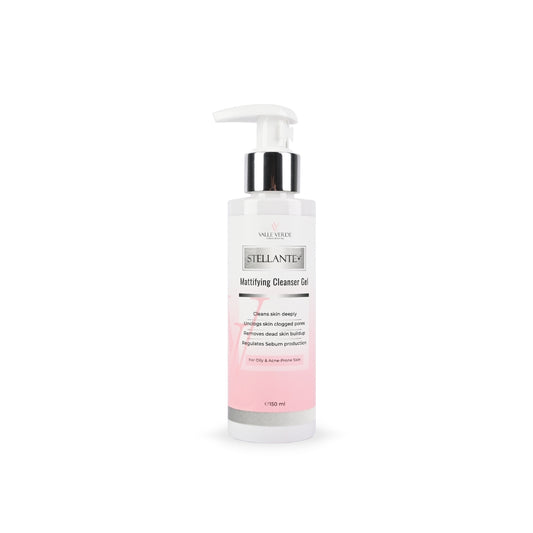 A pump bottle of Stellante Mattifying Cleanser with a pink label, designed for oily and acne-prone skin.