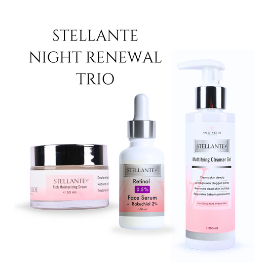 Stellante night renewal skincare products on a white background