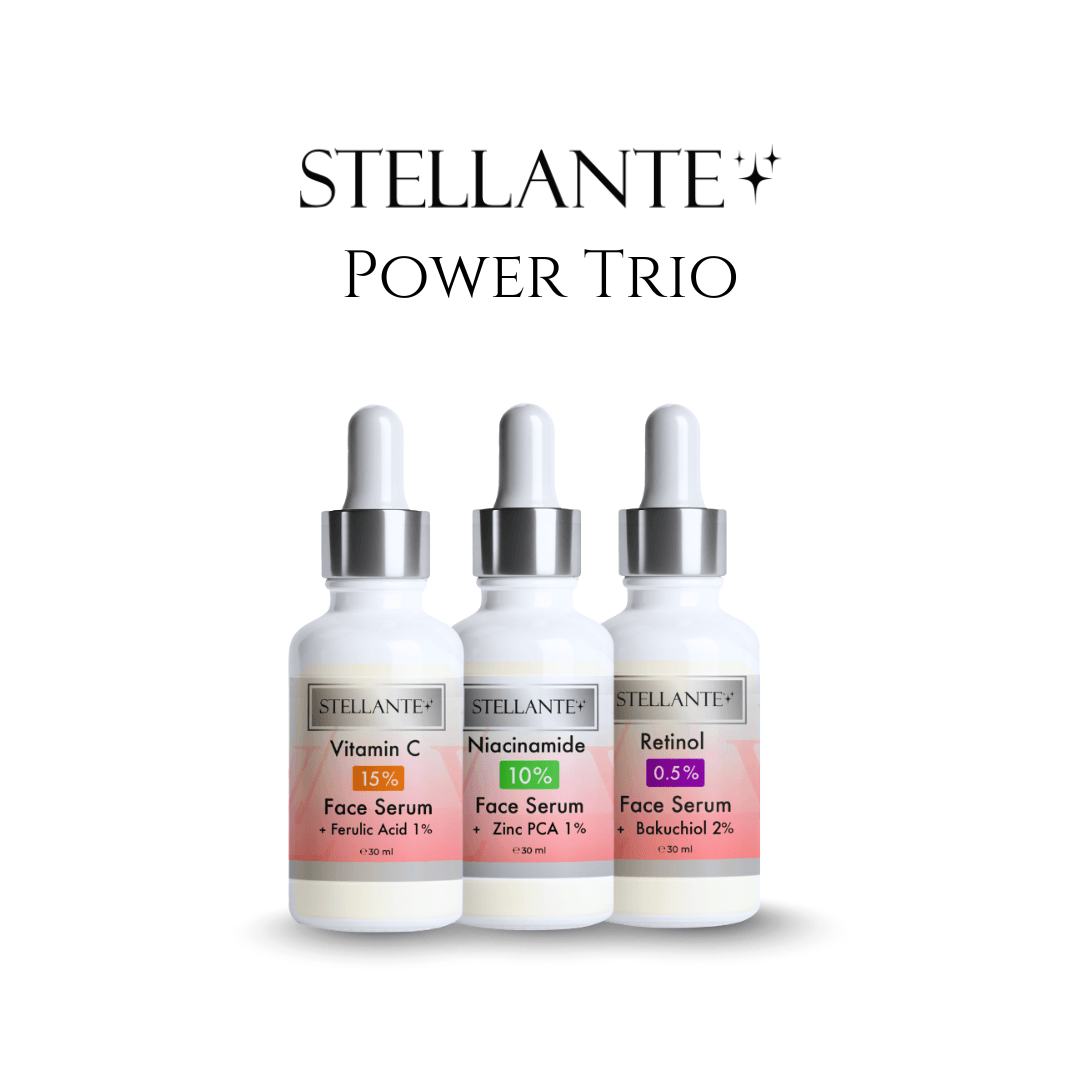 Three Stellante face serum bottles on a white background