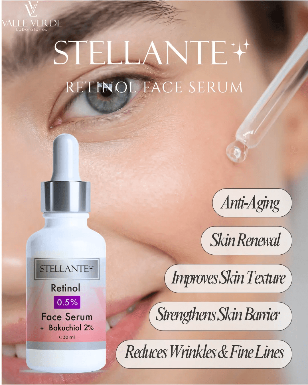 Stellante retinol face serum with dropper on a close-up of skin, highlighting benefits.