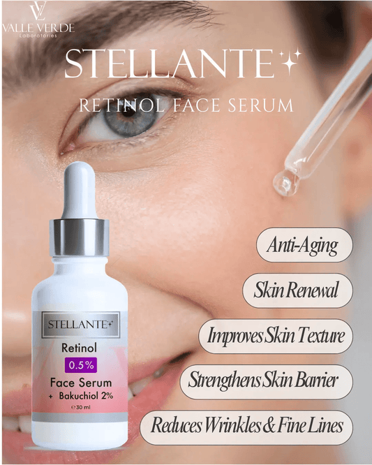Stellante retinol face serum with dropper on a close-up of skin, highlighting benefits.