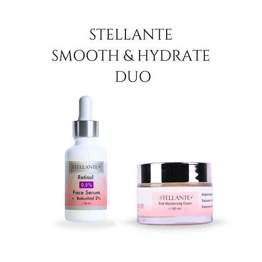 Stellante Smooth & Hydrate Duo with serum and cream on a white background
