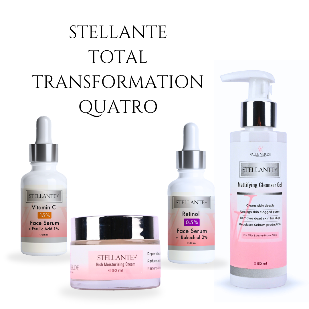 Stellante skincare products including serum, cream, and cleanser on a white background