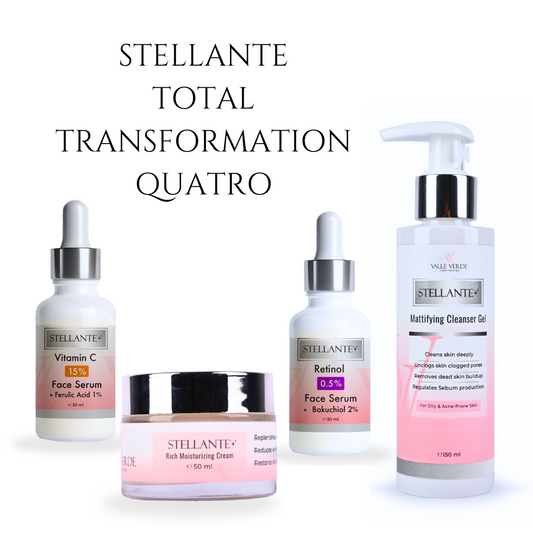 Stellante skincare products including serum, cream, and cleanser on a white background