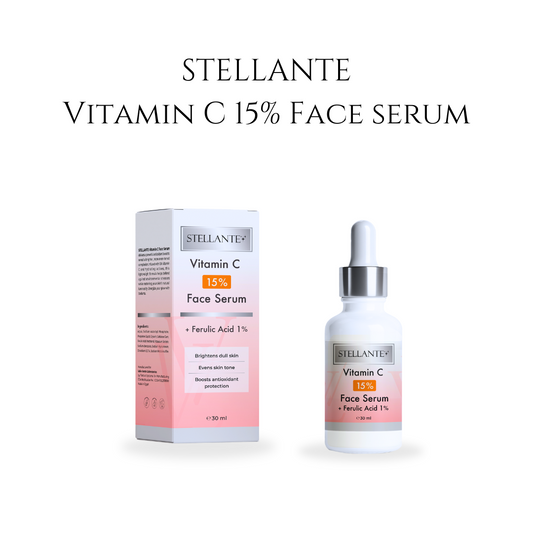 Stellante Vitamin C 15% Face Serum packaging and dropper bottle on a white background