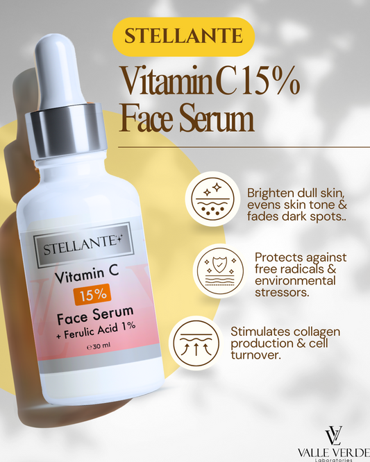 Stellante Vitamin C 15% Face Serum bottle with product details on a gradient background