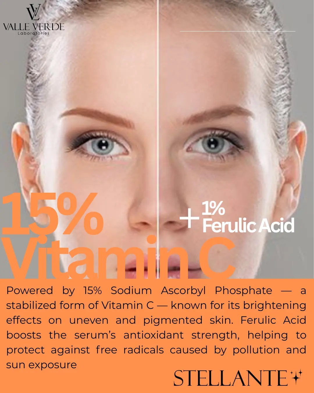 Advertisement for Stellante skincare product with a split-face comparison and product name text.